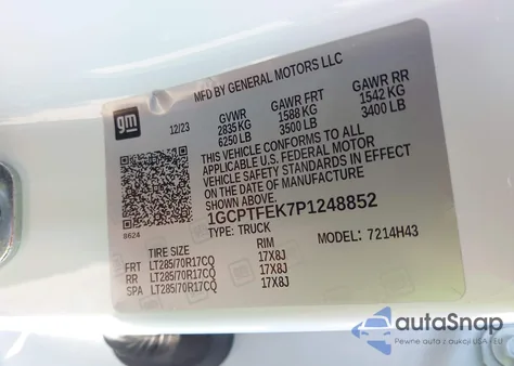 2023 Chevrolet Colorado 4Wd Short Box Zr2 z USA, uszkodzony, nr VIN 1GCPTFEK7P1248852